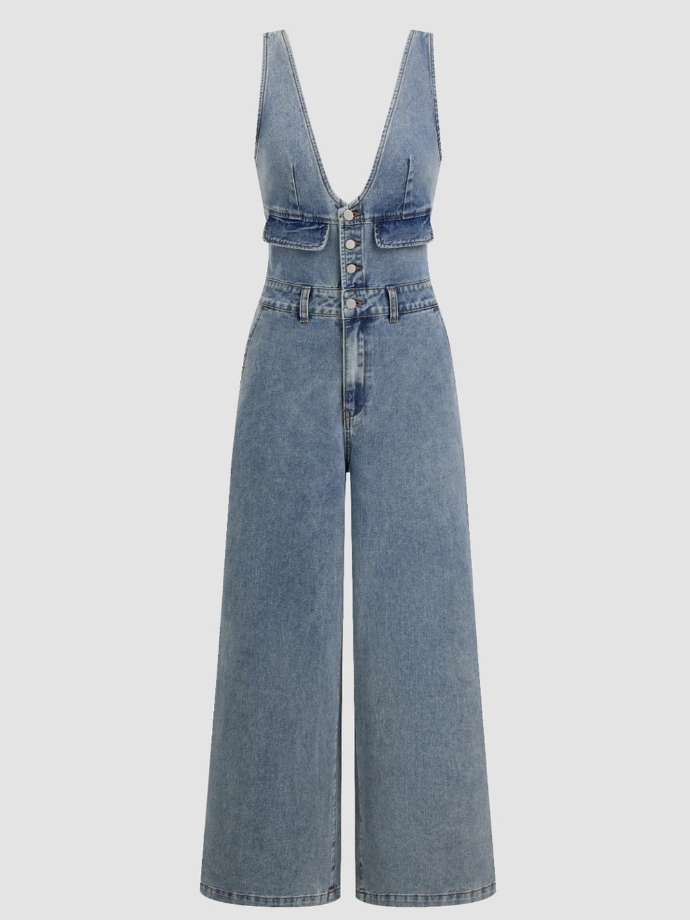 NWT CIDER Denim V-Neck Button Pocket Wide Leg Jumpsuit Blue, Size L